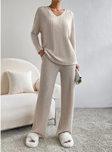 Charger l&#39;image dans la galerie, Fashion Solid Striped Suit V-neck Long-sleeved Top And Casual Straight Pants Loose Temperament