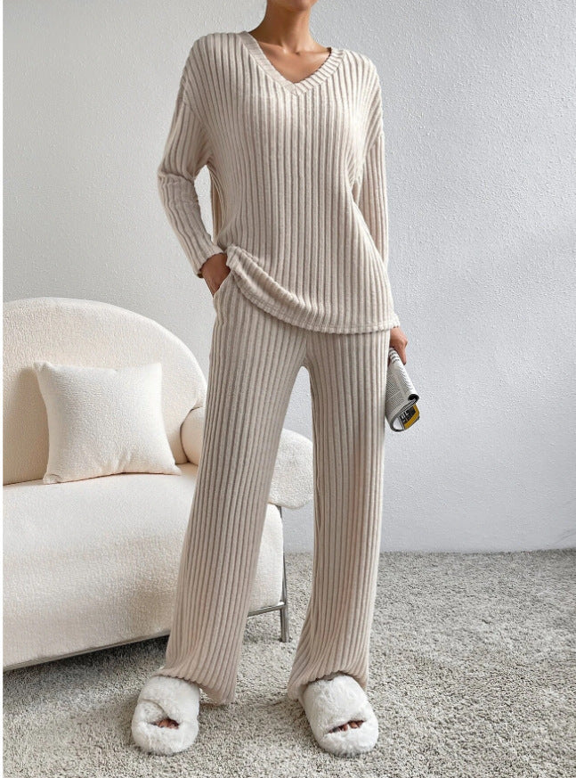 Fashion Solid Striped Suit V-neck Long-sleeved Top And Casual Straight Pants Loose Temperament