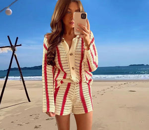 European And American Leisure Fashion Ladies V-neck Hollow Striped Shirt Loose Knitted Wide Leg Suit