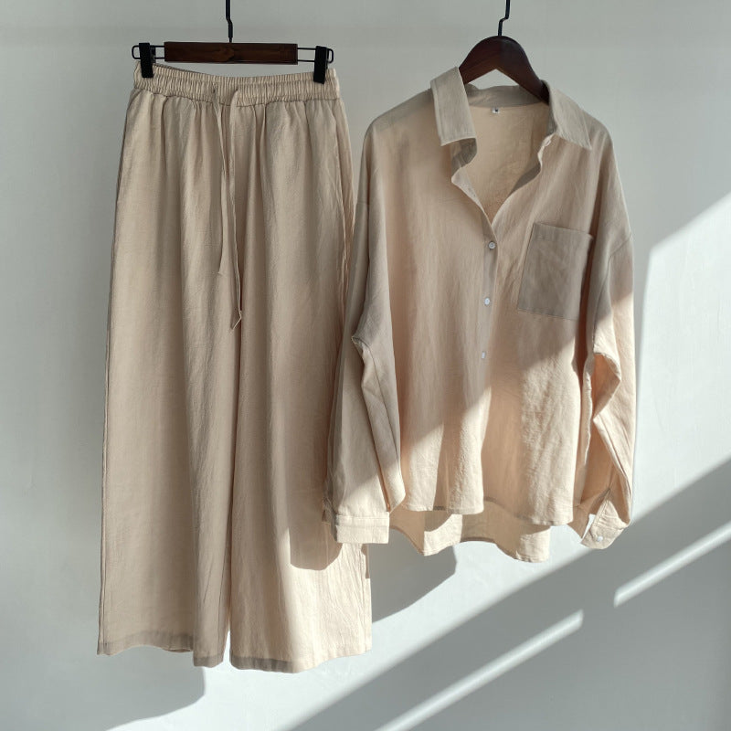 Cross-border Tracksuit Women's Ancient Cotton And Linen Shirt Outfit High Waist Loose Trousers