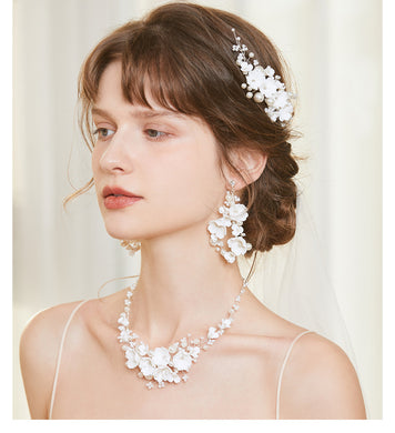 Bride Pearl Hair Comb Necklace Earring Set for Occasions