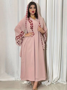 Abbaya with Leaves Embroidered V-neck Kaftan Dress, Elegant Long Sleeve