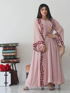 Abbaya with Leaves Embroidered V-neck Kaftan Dress, Elegant Long Sleeve