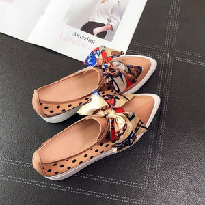 Pot polka dot women's bowtie loafer lace up pointed toe cow leather flat shoes - FUCHEETAH