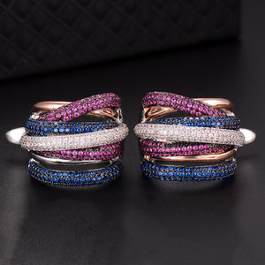 Luxury Twist Braided Multicolor Full Mirco Pink Cubic Zirconia Hoop Earring Set - FUCHEETAH