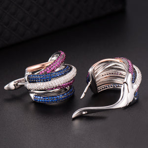 Luxury Twist Braided Multicolor Full Mirco Pink Cubic Zirconia Hoop Earring Set - FUCHEETAH