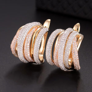 Luxury Twist Braided Multicolor Full Mirco Pink Cubic Zirconia Hoop Earring Set - FUCHEETAH