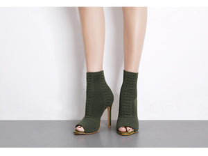 Women's Shoes -Boots Green Elastic Knit Open Toe High Heels - FUCHEETAH