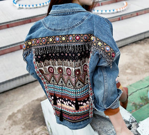 Female Jacket Vintage Embroidery tassel loose long sleeve - FUCHEETAH