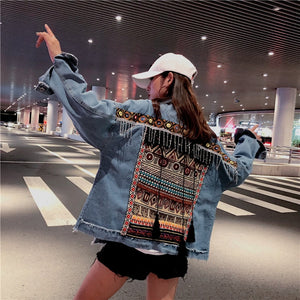 Female Jacket Vintage Embroidery tassel loose long sleeve - FUCHEETAH