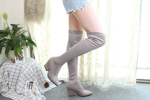 Women Over The Knee High Boots Hoof Heels Pointed Toe Shoes - FUCHEETAH