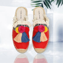 Cargar imagen en el visor de la galería, Furry Slippers Women Rubber Hemp Colors Spring Summer Tassel Fluffy Ball Canvas - FUCHEETAH