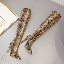 Cargar imagen en el visor de la galería, Women Over The Knee Suede Boots Snake Print 11.5cm High Heels Shoes - FUCHEETAH