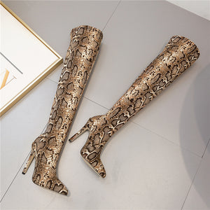 Women Over The Knee Suede Boots Snake Print 11.5cm High Heels Shoes - FUCHEETAH