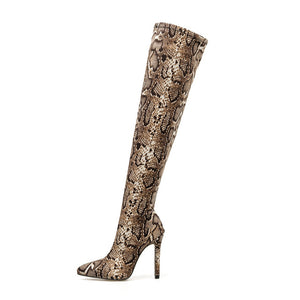 Women Over The Knee Suede Boots Snake Print 11.5cm High Heels Shoes - FUCHEETAH