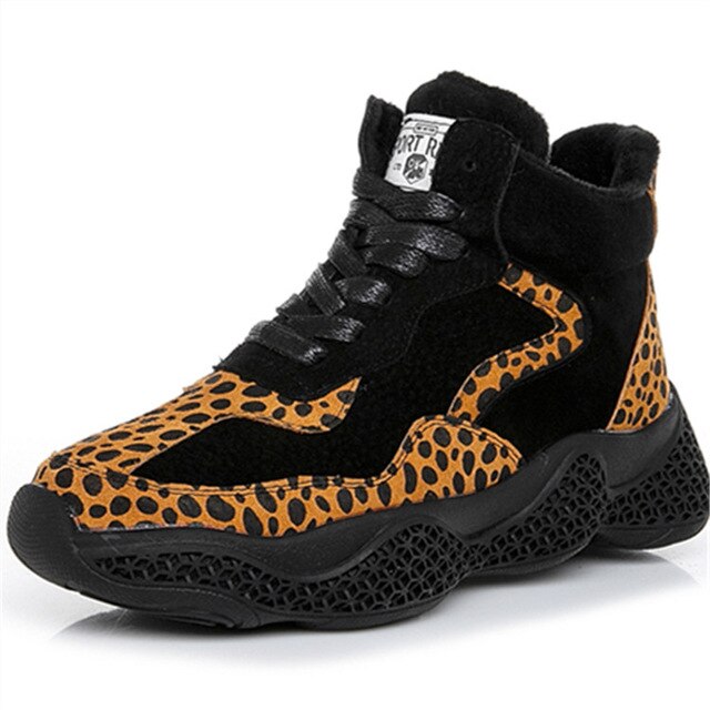 Platform Sneakers Women Genuine Leather  Leopard Plush - FUCHEETAH