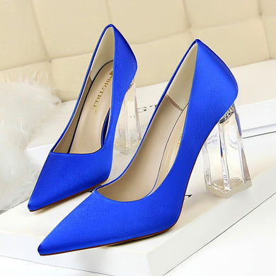 Crystal high heels clear perspex pumps women shoes square thick - FUCHEETAH