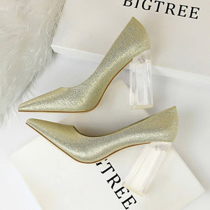 Crystal high heels clear perspex pumps women shoes square thick - FUCHEETAH