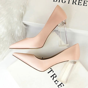 Crystal high heels clear perspex pumps women shoes square thick - FUCHEETAH