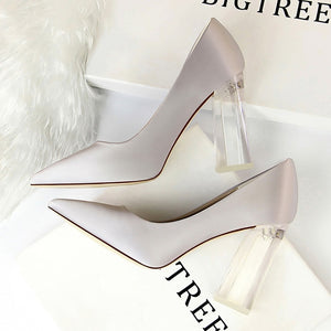 Crystal high heels clear perspex pumps women shoes square thick - FUCHEETAH