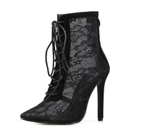 Charger l&#39;image dans la galerie, Black Mesh Women&#39;s Boots Pointed Toe Lace-up High Heels - FUCHEETAH