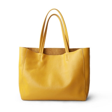 Women Luxury Bag Casual Tote Female Lemon Yellow Cowhide Genuine Leather - FUCHEETAH