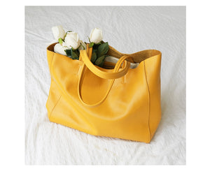 Women Luxury Bag Casual Tote Female Lemon Yellow Cowhide Genuine Leather - FUCHEETAH