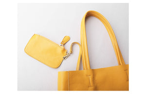 Women Luxury Bag Casual Tote Female Lemon Yellow Cowhide Genuine Leather - FUCHEETAH