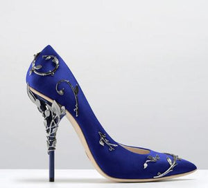 Silk Women Pumps Leaves Heel Rhinestone Flower Shoes - FUCHEETAH