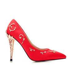 Cargar imagen en el visor de la galería, Silk Women Pumps Leaves Heel Rhinestone Flower Shoes - FUCHEETAH