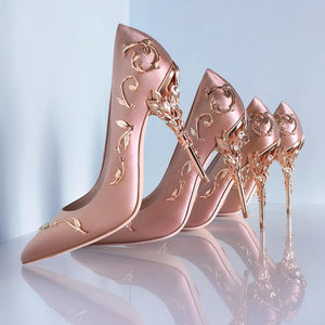 Silk Women Pumps Leaves Heel Rhinestone Flower Shoes - FUCHEETAH