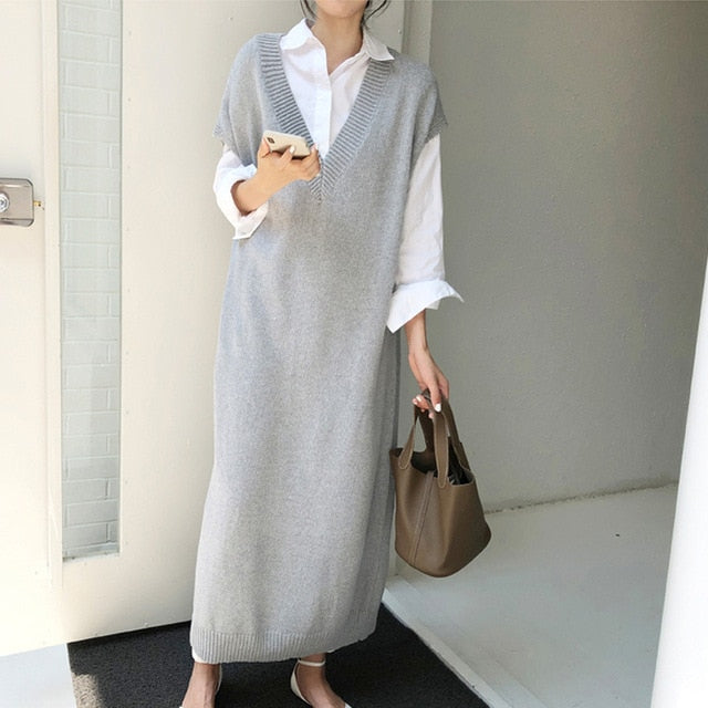 Chic Winter Oversize Straight Sleeveless Sweater Dress - FUCHEETAH