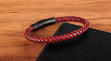 Cargar imagen en el visor de la galería, Classic Style Men Leather Bracelet Simple Black Stainless Steel Button Neutral Hand-woven Jewelry - FUCHEETAH