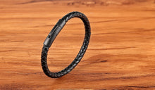 Cargar imagen en el visor de la galería, Classic Style Men Leather Bracelet Simple Black Stainless Steel Button Neutral Hand-woven Jewelry - FUCHEETAH