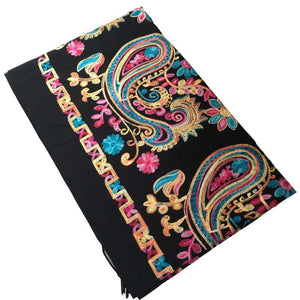 Women Black Embroided Flower Pashmina Cashmere Scarf Winter Warm Fine Tassels Scarves - FUCHEETAH