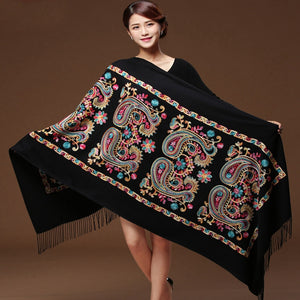 Women Black Embroided Flower Pashmina Cashmere Scarf Winter Warm Fine Tassels Scarves - FUCHEETAH