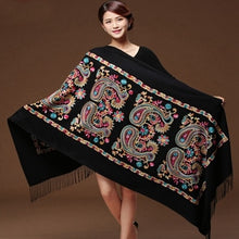 Laden Sie das Bild in den Galerie-Viewer, Women Black Embroided Flower Pashmina Cashmere Scarf Winter Warm Fine Tassels Scarves - FUCHEETAH