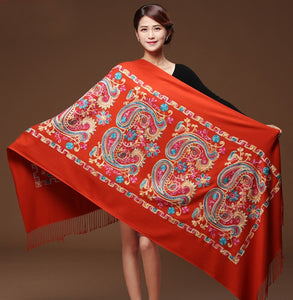 Women Black Embroided Flower Pashmina Cashmere Scarf Winter Warm Fine Tassels Scarves - FUCHEETAH