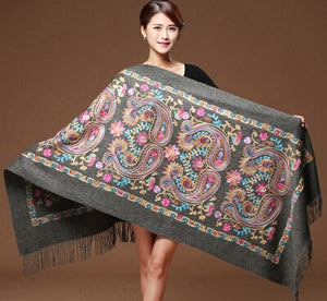 Women Black Embroided Flower Pashmina Cashmere Scarf Winter Warm Fine Tassels Scarves - FUCHEETAH