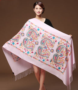 Women Black Embroided Flower Pashmina Cashmere Scarf Winter Warm Fine Tassels Scarves - FUCHEETAH