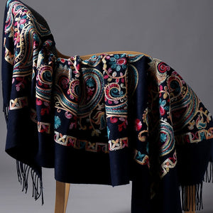 Women Black Embroided Flower Pashmina Cashmere Scarf Winter Warm Fine Tassels Scarves - FUCHEETAH