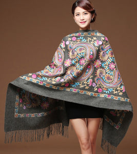 Women Black Embroided Flower Pashmina Cashmere Scarf Winter Warm Fine Tassels Scarves - FUCHEETAH