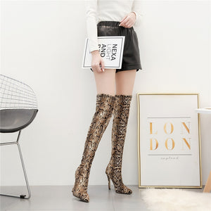 Women Over The Knee Suede Boots Snake Print 11.5cm High Heels Shoes - FUCHEETAH