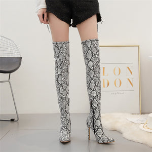 Women Over The Knee Suede Boots Snake Print 11.5cm High Heels Shoes - FUCHEETAH