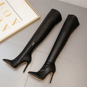 Women Over The Knee Suede Boots Snake Print 11.5cm High Heels Shoes - FUCHEETAH