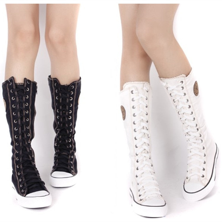 Women's Shoes Canvas Casual High Top Shoes Long Boots Lace-Up - FUCHEETAH