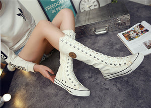 Women's Shoes Canvas Casual High Top Shoes Long Boots Lace-Up - FUCHEETAH