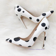 Cargar imagen en el visor de la galería, Black Dots Printed Pattern Slip On Women White Thin High Heel  Shoes - FUCHEETAH