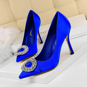 Rhinestone High Heels Women Pumps  Shoes Pointed Toe - FUCHEETAH