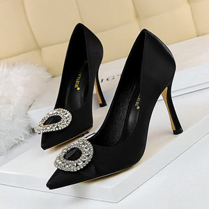 Rhinestone High Heels Women Pumps  Shoes Pointed Toe - FUCHEETAH